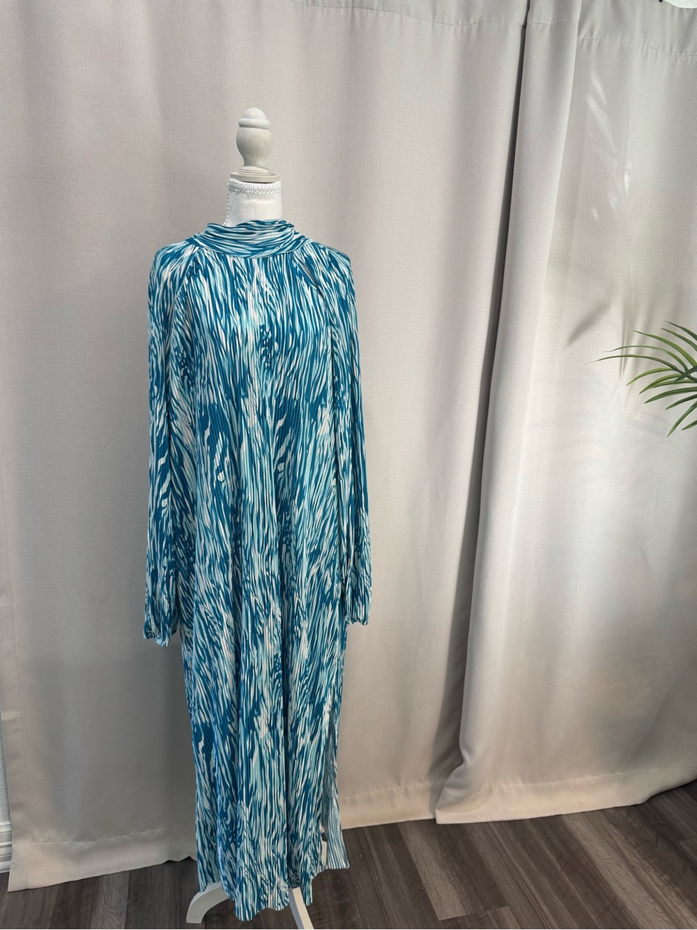 Blue & White Printed Maxi Dress with High Neck